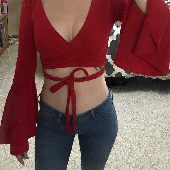 Red Flared Sleeve Crop Top - Picture 2 of 2